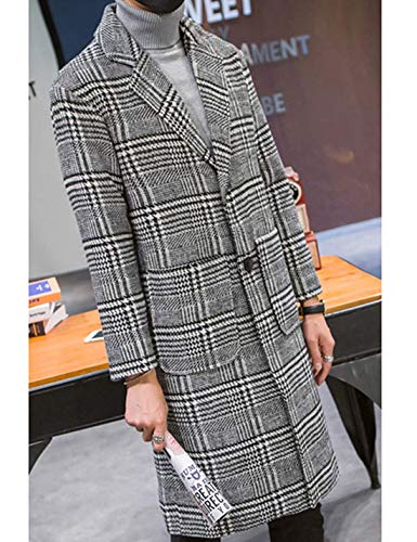 Uaneo Men's Casual Notch Lapel Single Breasted Plaid Mid Long Trench Pea Coat (Gray, X-Large)