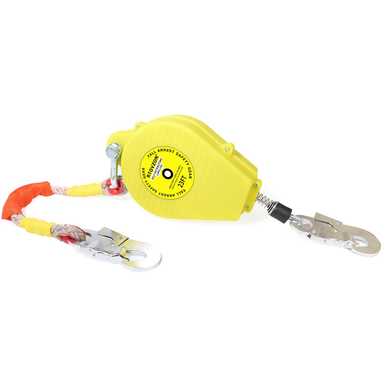 Photo 1 of 23FT RTOVZON Self Retracting Lifeline, Fall Arrest Fall Protection Dual Alloy Steel Hook Steel Wire Rope Heavy Duty Retractable Lanyard, Roofing Lifeline, SRL, Safety Lanyard