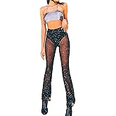 Anlaey Women's Rave Mesh Sheer Sparkly Pants Sequin Flared Bell Bottom Pants Sexy Rave Outfits for Festival Dance Clubwear
