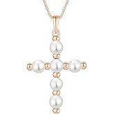 YL Cross Necklace 925 Sterling Silver Halo Freshwater Pearls Pendant Polished Religious Jewelry for Women