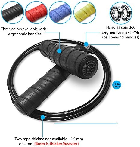 FAST Speed Jump Rope, Black/Red/Blue/Yellow NoSlip Grip, Ball Bearing Handles, Adjustable, Heavy Duty Thick or Thin Cable by SweatGear, Boxing, CrossFit, WOD, Martial Arts, Weight Loss, Double Unders!