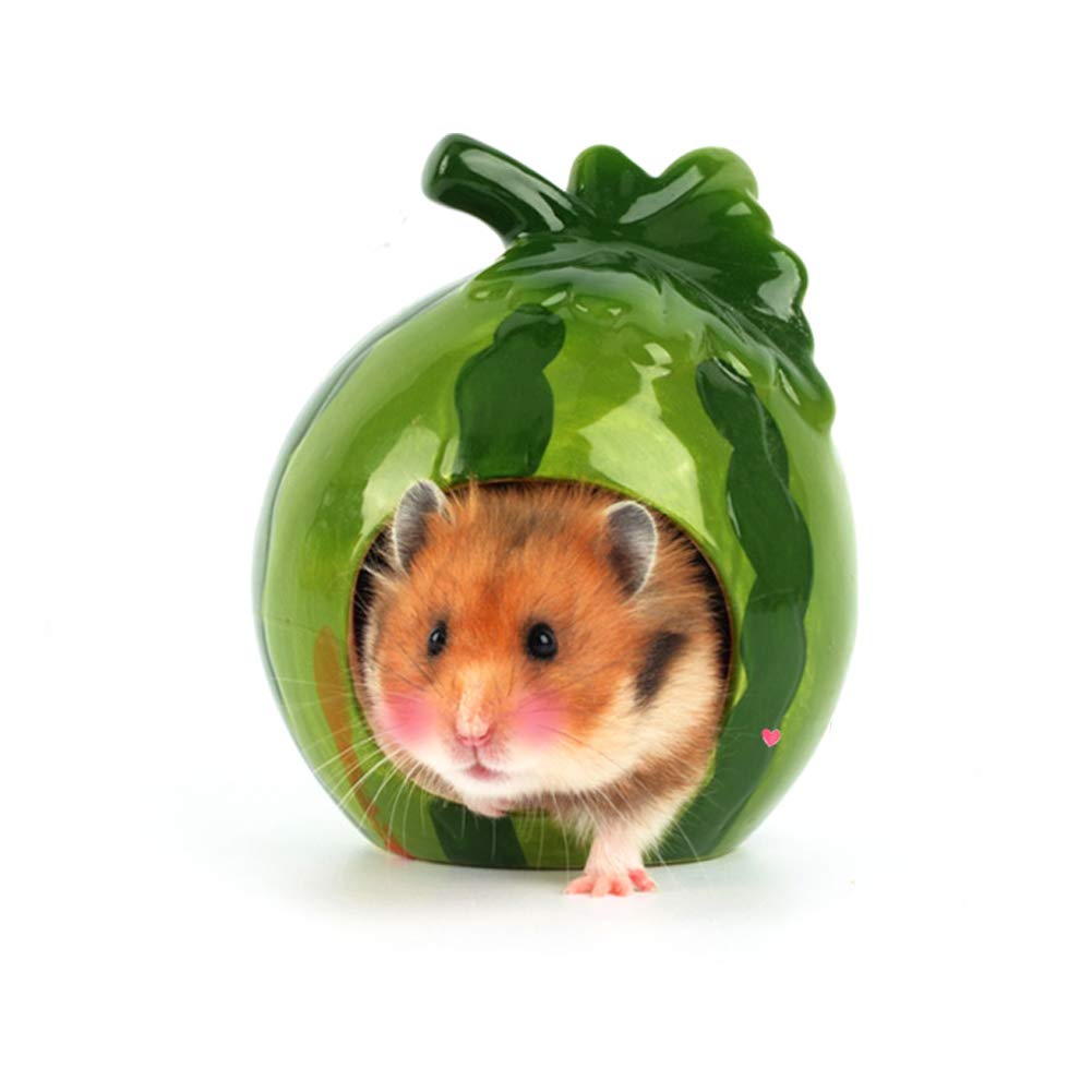 LaMure Ceramic Hamster House Cartoon Cute Fruit Shape Hamster Cave Summer Cool Off Winter Keeping Warm Small Animal Nest Habitat (watermelon)
