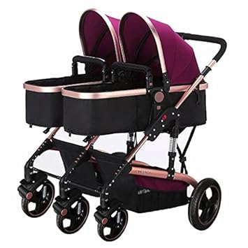 Frjjthchy Abreast Ultralight Double Stroller Baby Twins Stroller Bassinet With Awning Purple