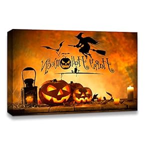 Canvas Wall Art Halloween Pumpkin Lantern Painting Artwork for Home Prints Framed - 12x18 inches