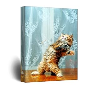Canvas Wall Art - Cute Cat Playing with Flying Feathers - Giclee Print Gallery Wrap Modern Home Art Ready to Hang - 12x18 inches