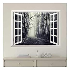 Modern White Window Looking Out Into a Dark Foggy Branch Forest - Wall Mural, Removable Sticker, Home Decor - 24x32 inches