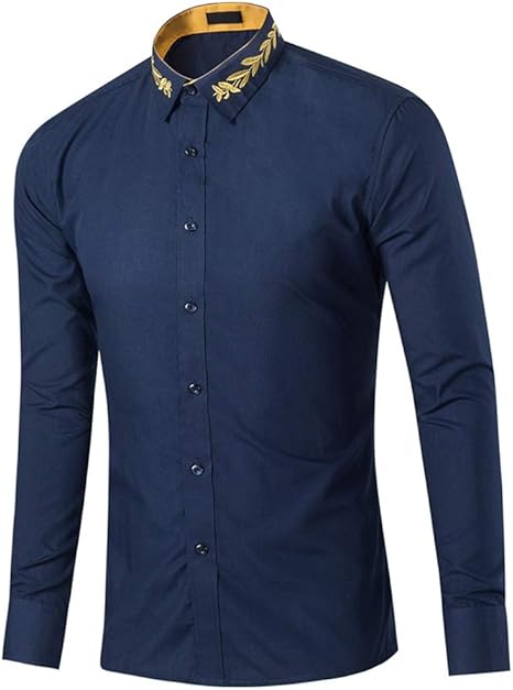 Amazon Co Jp ワイシャツ メンズシャツ刺繍襟カジュアルソリッドカラースリム長袖トップ Color Blue Size S ホーム キッチン