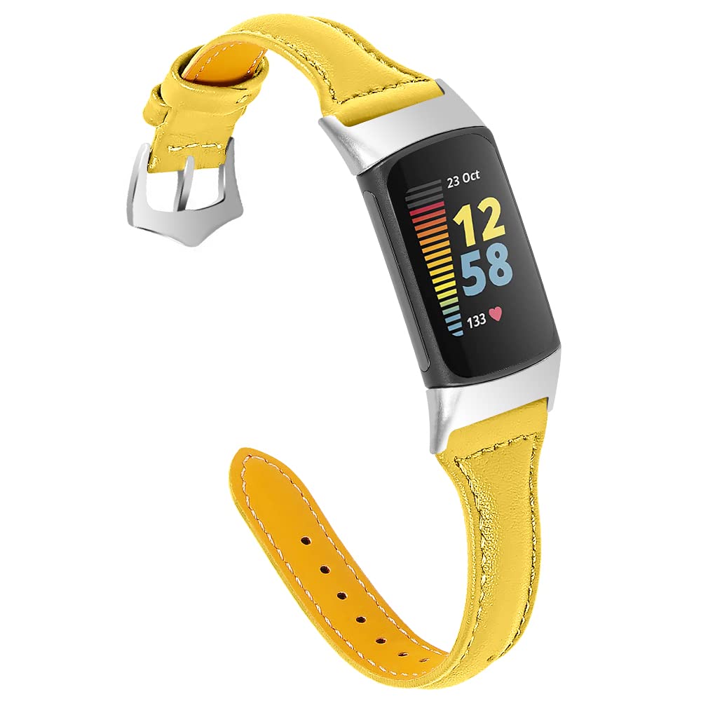 Gimuk Leather Strap Compatible with Fitbit Charge 5 Strap, Women Men Genuine Leather Sport Band Replacement Watch Wristband Bracelet for Charge 5 Fitness Tracker (Yellow)