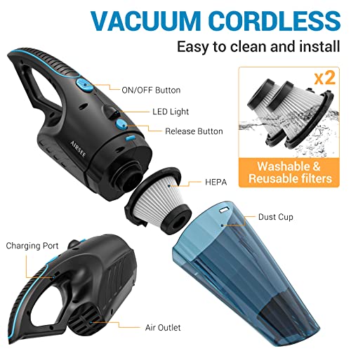 AIRSEE Handheld Vacuum Cordless,14000PA Rechargeable Hand Vacuum with 2