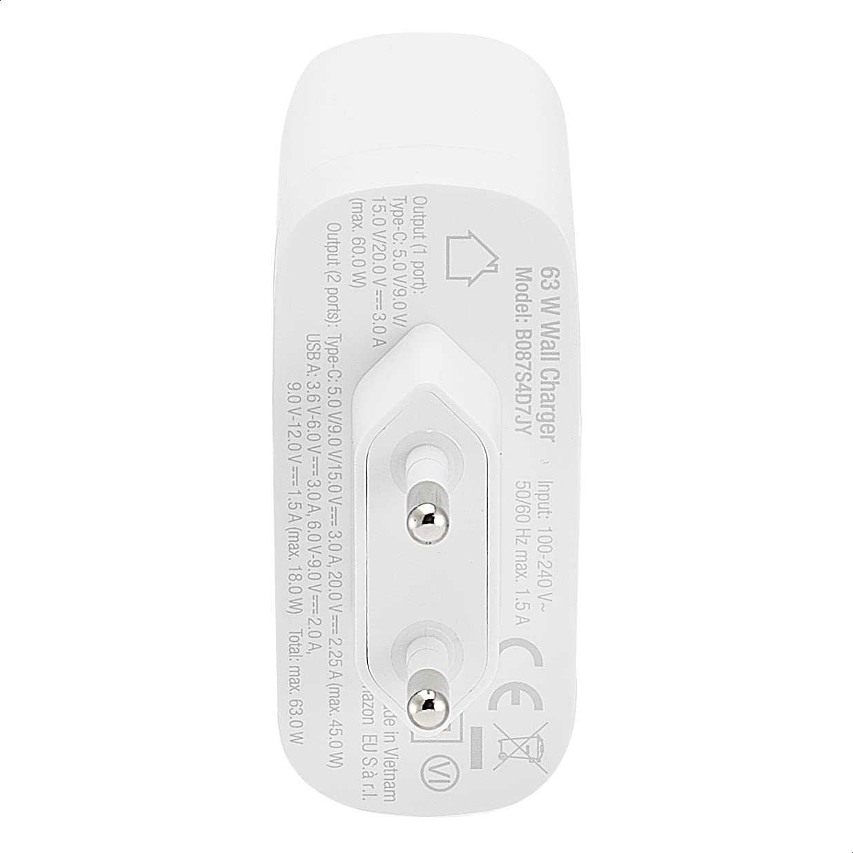 Amazon Basics GaN-Wandladegerät mit 2 Anschlüsse, 63 W, 1 USB-C-Port mit 45 W und 1 USB-A-Port mit 18 W, für Laptops, Tablets und Handys mit Stromversorgung, Weiß (Nicht PPS), 6,6 x 2,94 x 6,24 cm 4