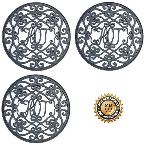 Silicone Trivet Set For Hot Dishes, Pots & Pans. These Modern Kitchen Hot Pads 'Hot Ironworks' Design Provides a Rustic Charm that Mimics Cast Iron Trivets (7.5" Round, Set of 3, Dark Gray)