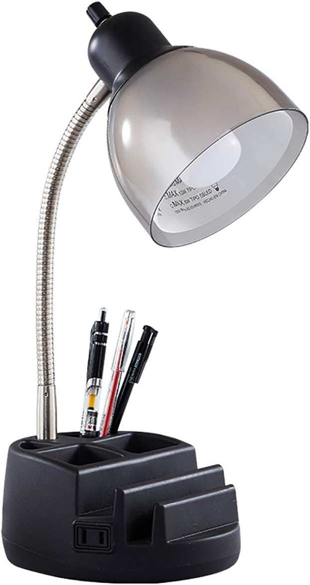 Desk Lamp Organizer, Table Stand Book Gooseneck Organizer Task Lamp with Holder and 2 Power Outlet, Clear Black