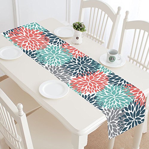 Interestprint dahlia pinnata flower teal coral gray table runner …
