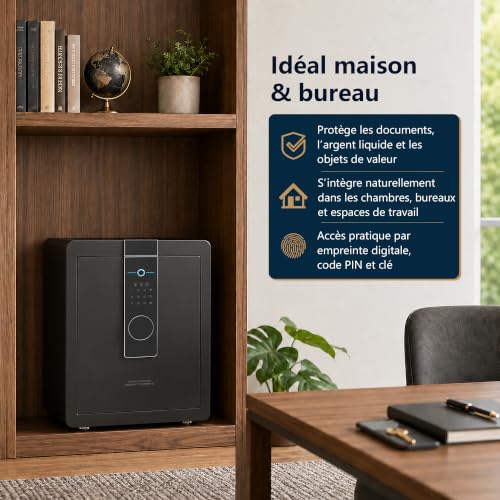 22 kg Heavy Duty Steel Safe 52 L Electronic Safe with Footprint, Digital Code and Key for Home and Office, Ideal for Jewellery, Money and A4 Documents, Instructions in French (Black, 52L)