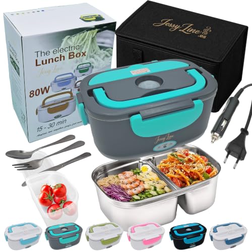 JessyLine Portable Electric Lunch Box Modern and Versatile 80W 12V/24V/220V Car Truck and Office Heats Food Without Microwave Lunch Box Container Stainless Steel 1.5L Two Divisions Turquoise Grey