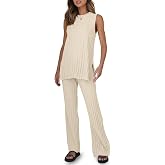 Tankaneo Two Pieces Outfits Sleeveless Top Knit Sets Trendy Lounge Long Pajamas Set