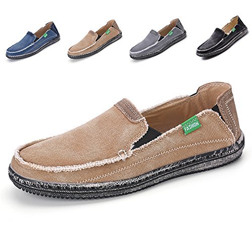 L-RUN Men's Cloth Shoes Slip-on Canvas Loafers Outdoor Leisure Walking (12 D(M) US, Khaki)