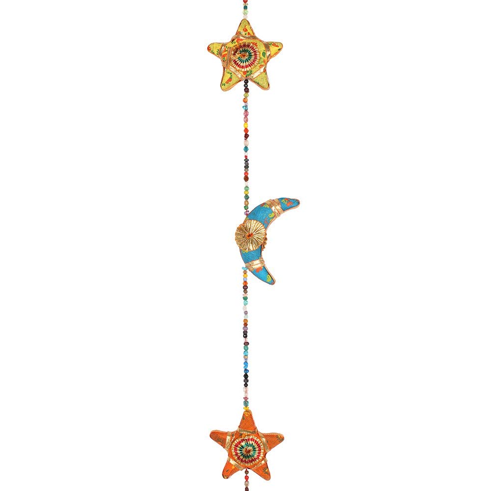 Enchanting Handmade Moon & Star Hanging Decor with Bell - 113cm x 7cm (1 Pc.) - Vibrant Multicolor Beads on Strings - Perfect Accent for Home & Gifts