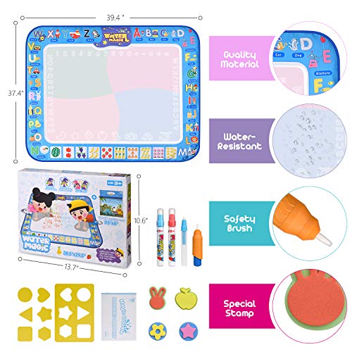 Large Magic Water Drawing Mat 38.5"x29.5" Learning Toys for 2 Year Olds Doodle Mat Painting Mat Toddler Girl Boy Toys Age 2 3 4 5 6 Gift Water Coloring Mat Kids Educational Toys Gift Box 4 Water Pens