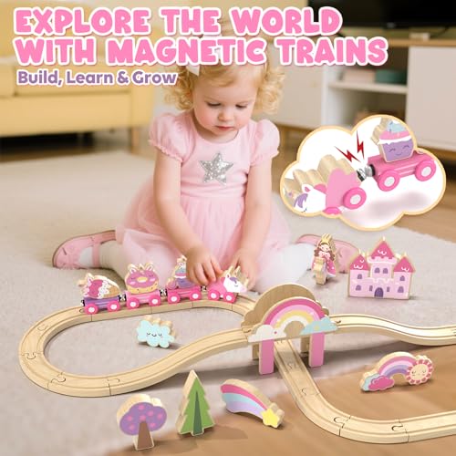 Lehoo Castle Wooden Train Set - Unicorn Train Set for Toddlers 2-4, Wooden Train Track Toddler Girl Toys, Pink Train Fantasy Toys for 3 4 5 6 7 Year Old Girl