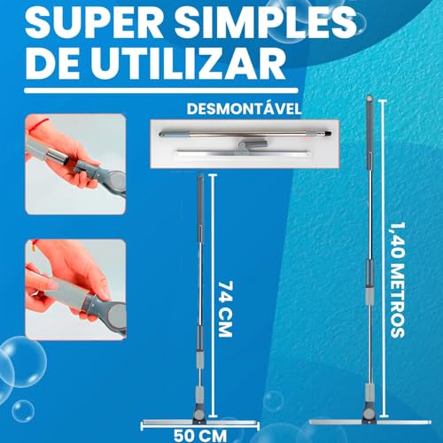 Rodo e Vassoura Mágica 2 em 1 de Silicone, 1,40m, Articulado, Giratório 180°, Ajustável, Limpeza de Vidros, Pisos, Pelos de Pet, Janelas, Cabo Desmontável em Aço Inoxidável, Varre e Seca, Marca ATM