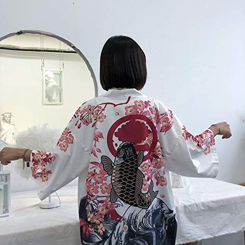 Japanese Traditional Costumes Sakura Kimono Cardigan Man Womanr'S Beach Robe Bushido,White,XXL