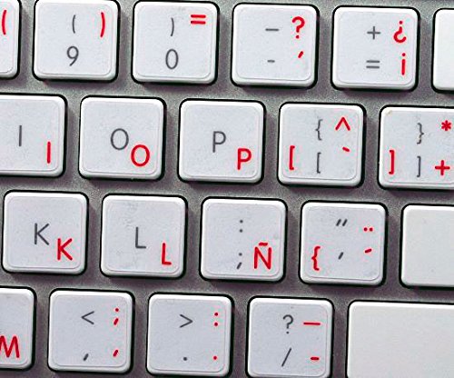 SPANISH APPLE KEYBOARD DECALS WITH BLUE, RED, ORANGE OR WHITE LETTERING ON TRANSPARENT BACKGROUND FOR DESKTOP, LAPTOP AND NOTEBOOK (Red)