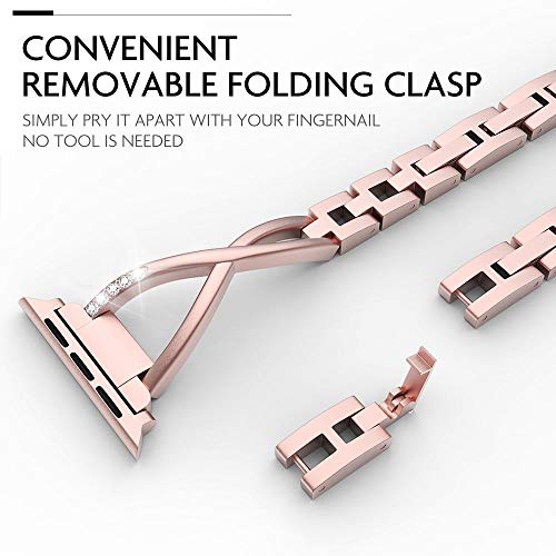 Marge Plus Compatible with Apple Watch Band 38mm 40mm with Case, Women Bling Wristband for iWatch Series 5 4 3 2 1 Metal Stylish Strap, Rose Gold