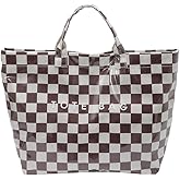 Lushandy Striped PVC Tote Bag for Women, Checkered Plastic Tote Bag for Beach Pool Large Plaid Letters Print Hobo Handbag