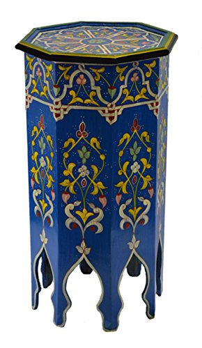 Moroccan Handmade Wood Table Side Tall Delicate Hand Painted Black Exquisite Blue