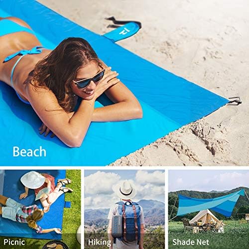 Nylon beach blanket with sand-resistant design and beach bag pocket.