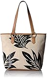 Bueno of California Applique Tote, Black Patent Crocodile Leaf/Natural Linen/Camel
