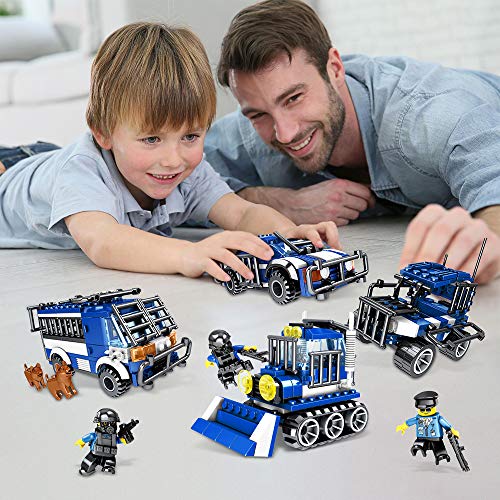 SNAEN 476PCS/4 in 1 Biochemical Police Building Blocks Set, Police Car/Bulldozer/Reconnaissance Vehicle/Anti-Explosion Truck. Includes Minifigures, Patrol Dogs and Toy Weapons, for Boys and Girls - Thumbnail 4