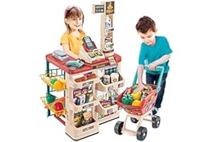 deAO Kids Supermarket Playset, Pretend Role Play Toy Shop with Shopping Cart &, Cash Register,Toddler Educational Toy for 3-8 Years