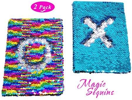 Toyme 2 Pack Mermaid Sequin Notebook Reversible Sequin Journal,Magic Sequin Notebpad for Writing, Gifts, Diary, Rainbow & Blue
