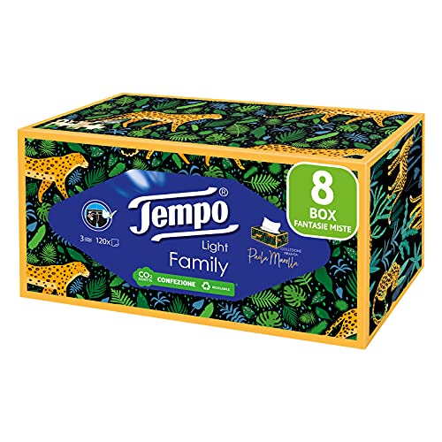 Tempo Box mit Taschentüchern, 8 Boxen x 120 Taschentücher, 3-lagig, biologisch abbaubar, Family Box Die Macht der Freundlichkeit