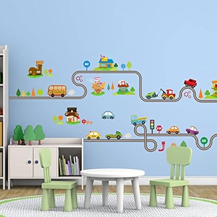 Amaonm Removable Cute Cartoon Kids Room Wall Decal Diy Vinyl City Car Circled Curved Road Wall Stickers Decor For Children Babys Bedroom Studyroom
