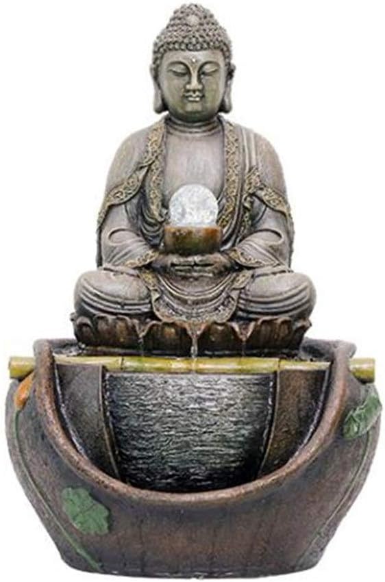 Lpinvin HO Indoor Fountain Buddha Statue Water Flowing Fountain Indoor Flowing Water Fortune Chinese Resin Craft Decoration Indoor Fountain Pump (Color : Photo Color, Size : 37x34x58cm)