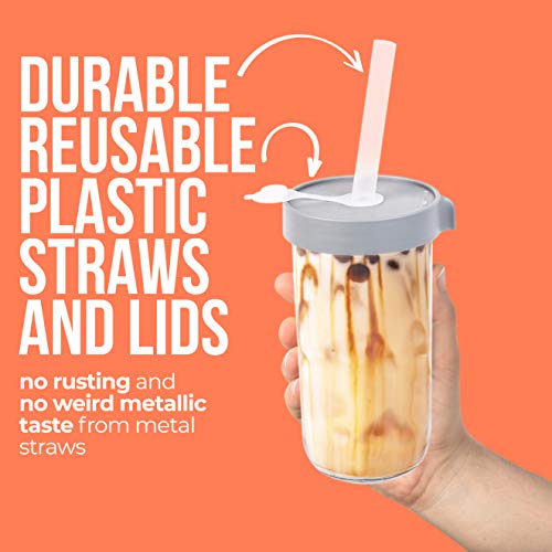 Reusable Boba Cup with Lids and Straw (22oz Set of 2 Glass Bubble Tea
