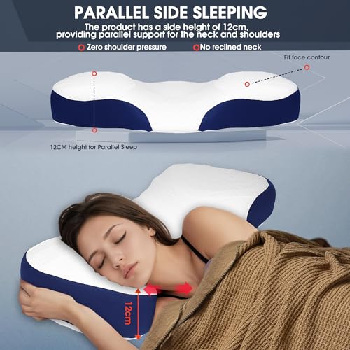 Memory Foam Neck Pillow, Ergonomic Cervical Sleeping Neck Pillow, Neck Support Pillow for Shoulder and Neck Pain Relief, Orthopedic Pillow for Side Sleeping with Washable Cover (a-Navy Blue)