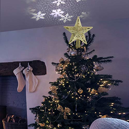 Delicacy Christmas Tree Topper, Lighted Star Tree Toppers with LED Rotating Snowflake Projector Lights, Gold Star Snow Tree Topper for Holiday Party Xmas Tree Decorations