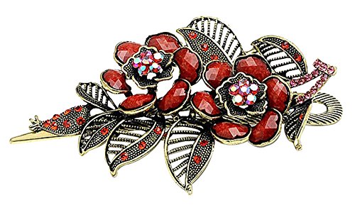 Kobwa(TM) Bronze&Red Blue Retro Charm With Leaves Rose Flowers Alligator Clip/Hair Clip With Keyring
