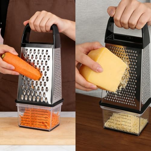 LUMAI Ralador e Fatiador de Aço Inox Premium com Cesto Coletor com Medidas de Cozinha, Inclui Protetor de Dedos, Cabo para Longa Durabilidade, Utensílio de Cozinha para Queijos, Cenouras, Legumes