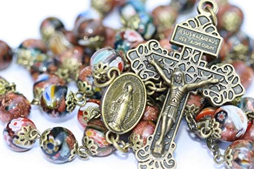 Large Millifiori (Million Flower French Glass) and Goldstone Rosary in Bronze from Oklahoma