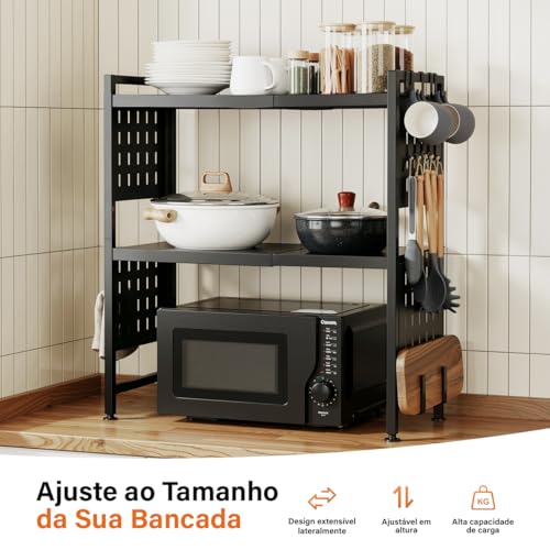 Heemli Suporte Organizador para Microondas e Especiarias, Escalável Prateleira de Cozinha em Aço Carbono Preto, Multifuncional 3 Níveis com Gancho para Utensílios Armazenar(44-68cm)