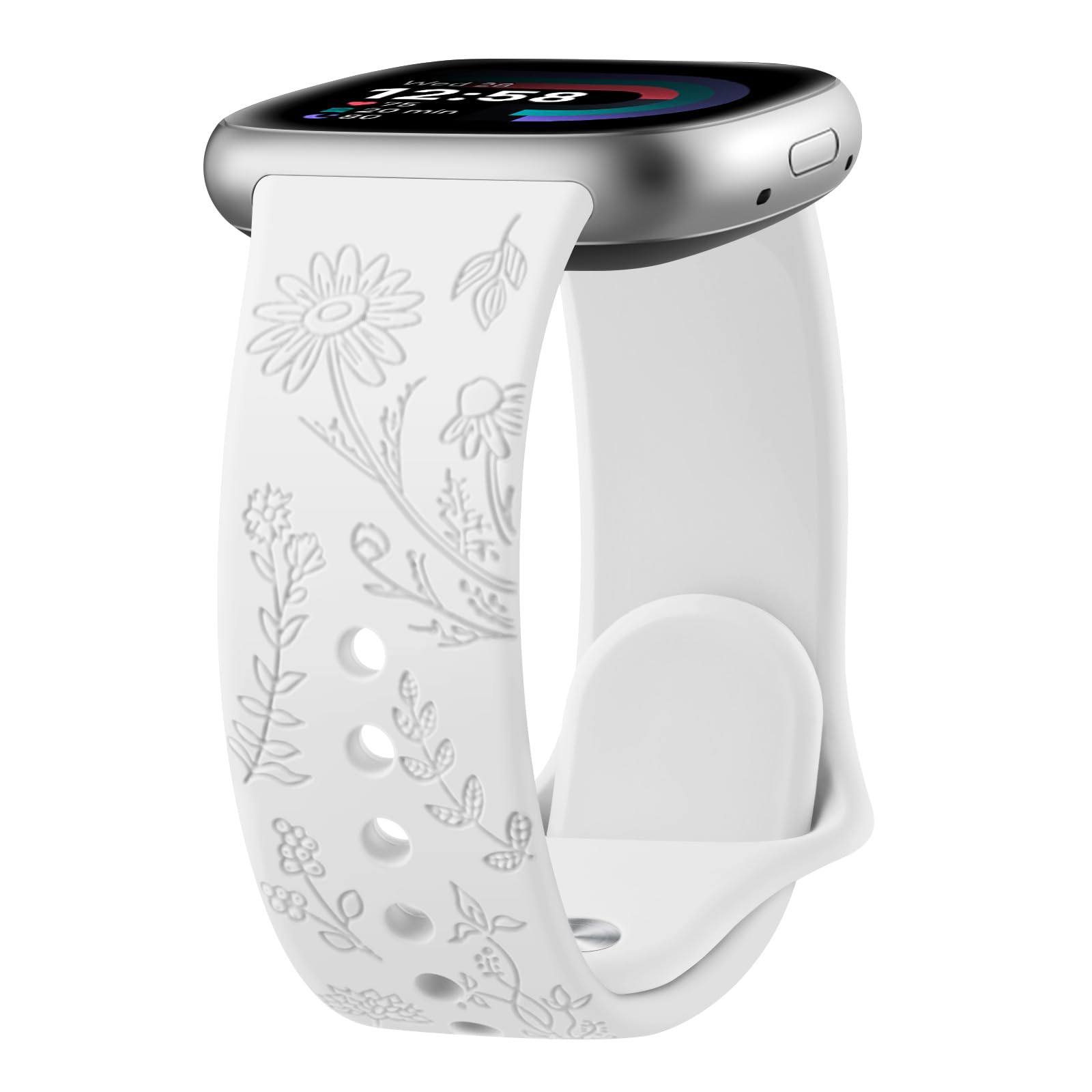 Tobfit Flower Pattern Strap for Fitbit Sense/Sense 2/Fitbit Versa 4/Fitbit Versa 3 Straps for Women Men, Adjustable Silicone Replacement Band (White)