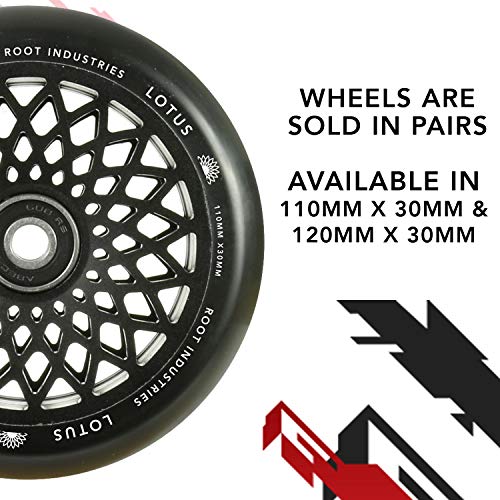 Root Industries 110mm Lotus Stunt Trick Scooter Wheels (Pair) - Wide Fast Hollowcore - Kick Push Scooter Tires - Pro 110mm Freestyle Urethane - Fit Most Setups - 30mm x 110mm - Bearings (Black)