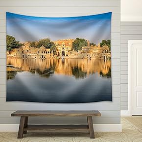 Gadi Sagar (Gadisar) Lake is One of The Most Important Tourist Attractions in Jaisalmer, Rajasthan, North India - Fabric Wall Tapestry Home Decor - 51x60 inches