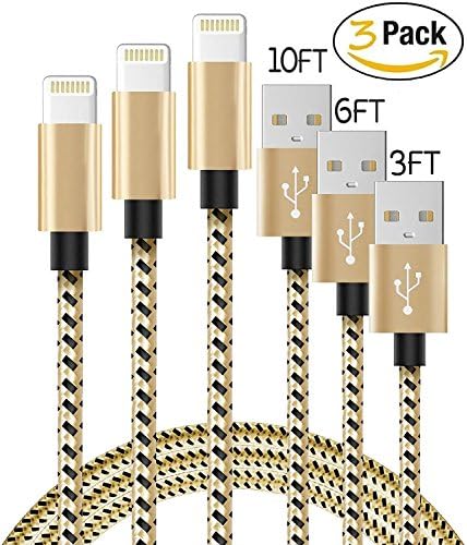 Lightning Cable, Certified Quality Cord 8 Pin to USB 3 Pack 3FT 6FT 10FT Sync &amp; Charge Cord for iPhone 6S Plus 6 Plus SE 5S 5C 5, iPad 2 3 4 Mini Air Pro, iPod iOS10 (Gold)