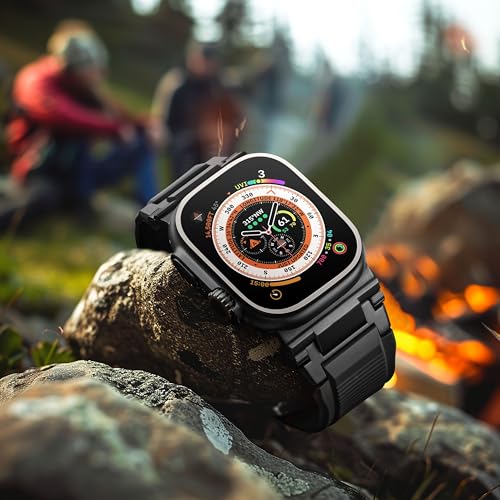 Bandletic R-Steel Strap Compatible with Apple Watch Ultra 2/Ultra 49mm, Series 10 46mm 9/8/7 45mm SE2/6/SE/5/4 44mm 3/2/1 42mm, Robust FKM Replacement Bracelet with Elegant Design Metal Connector, Black